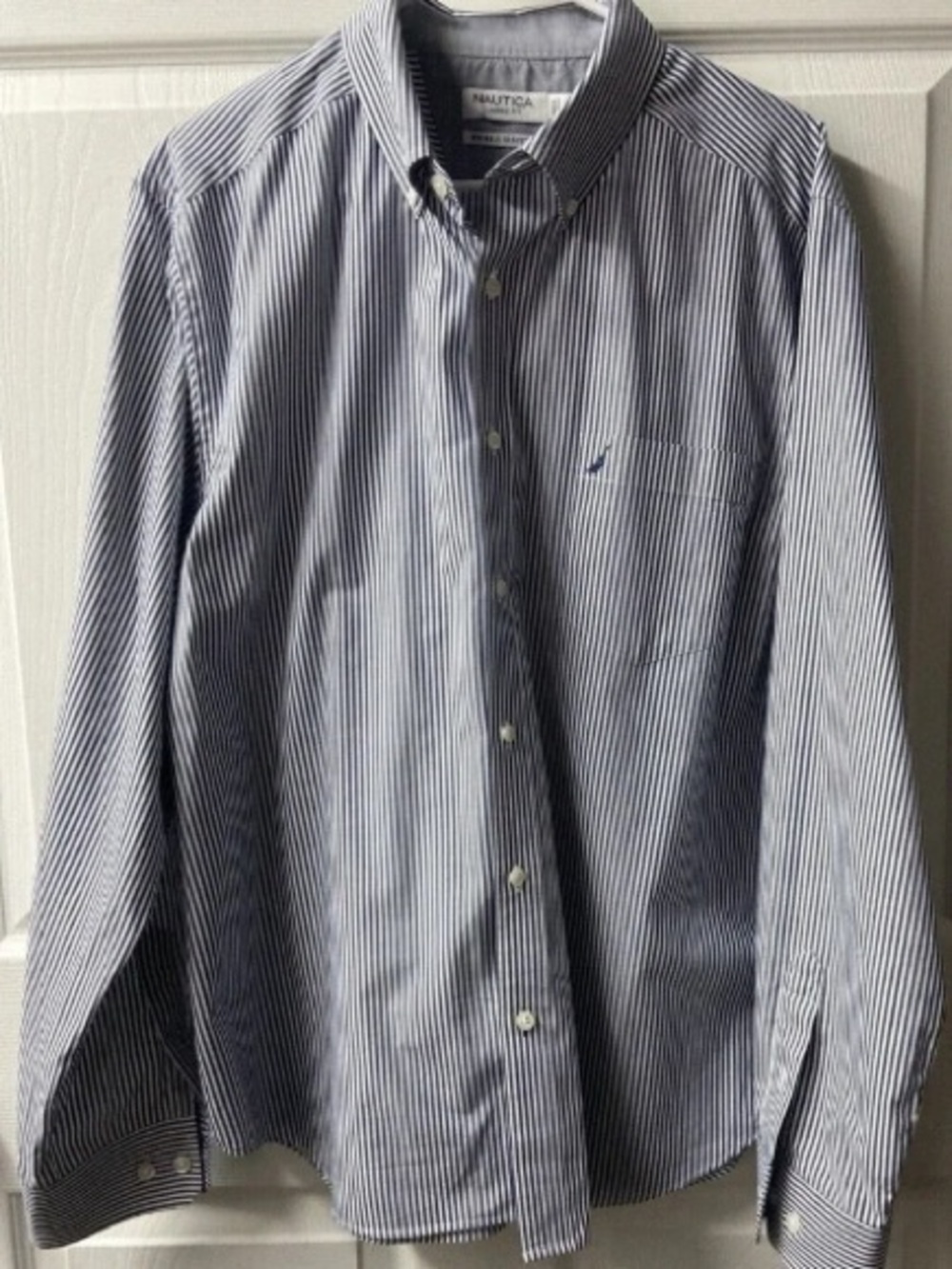 Nautica Men’s Blue and White Pinstripe Button-Down Shirt
